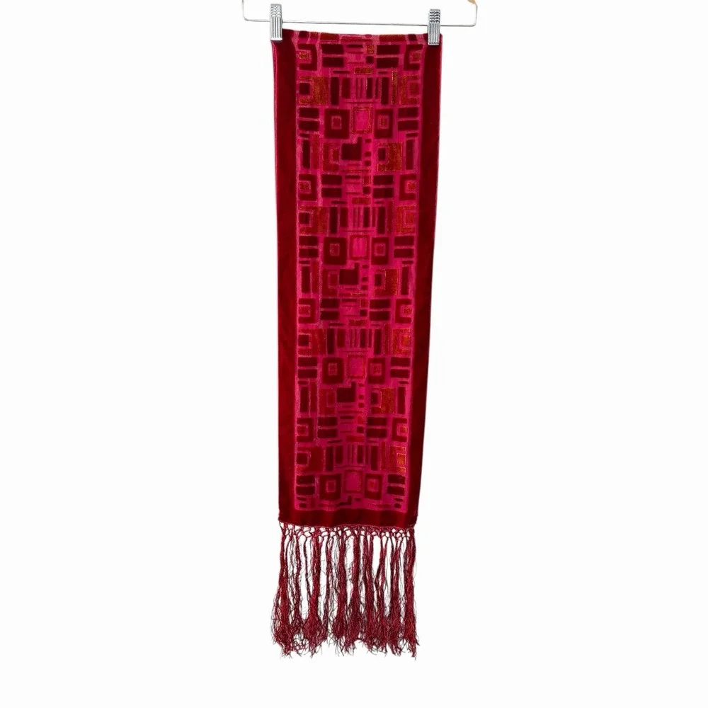 Whimsigoth Red Velvet‎ Burnout Scarf Fringe Gothic Art Deco Long Wrap 9.5Wx76H